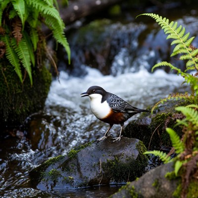 Black-and-white bird on rock by stream