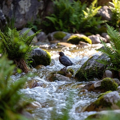 Black bird on mossy rock by stream