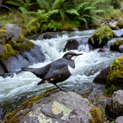 Dipper bird on rock by stream