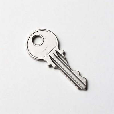 Silver house key on white background