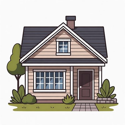 Cartoon House with Trees and Lawn