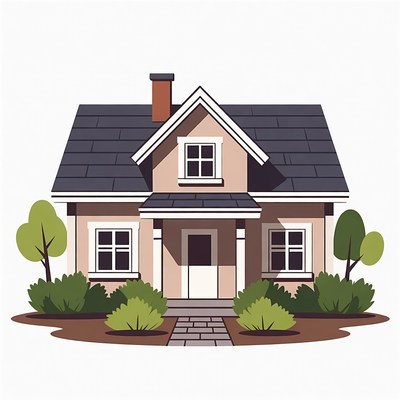 Cartoon House with Trees and Bushes