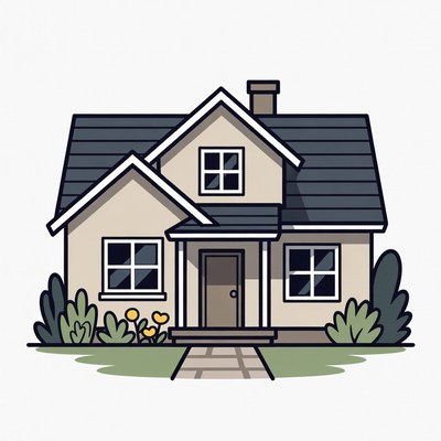 Cartoon House with Porch and Garden