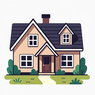 Cartoon House with Chimney and Bushes