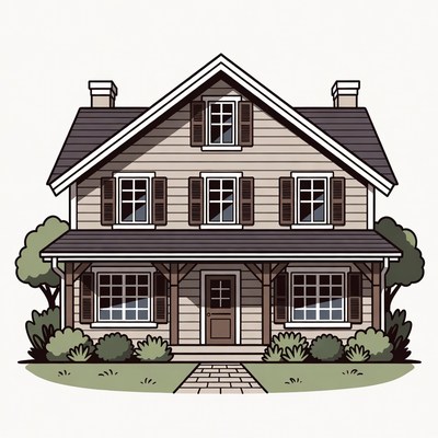 Illustrated Two-Story House with Porch