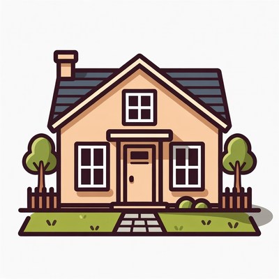 Cartoon House with Trees and Fence