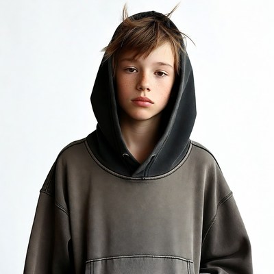 Boy in oversized gray hoodie