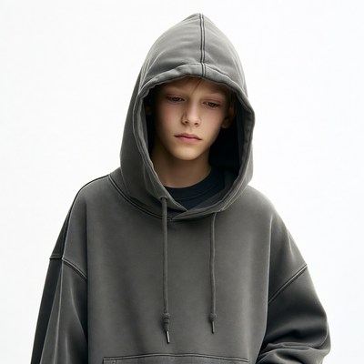Boy in oversized gray hoodie