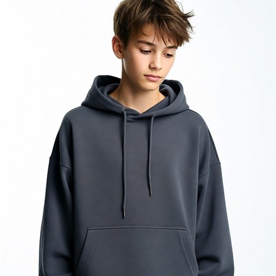 Boy wearing gray hoodie