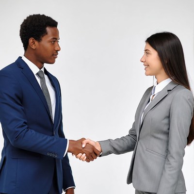 African-American man shaking hands with woman