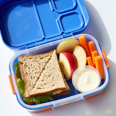 Open Blue Lunchbox with Sandwich