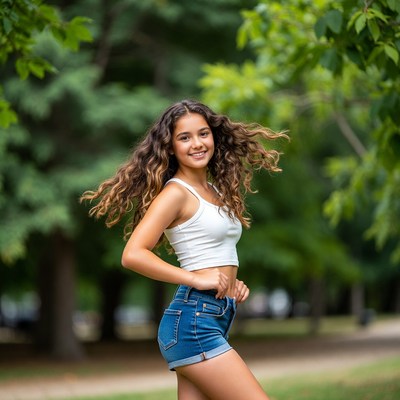Curly-haired girl dancing in park