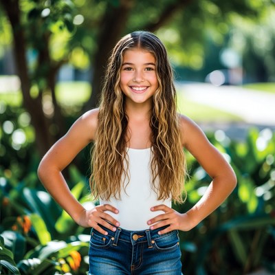 Smiling girl with hands on hips outdoors