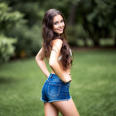 Smiling woman in shorts in green park