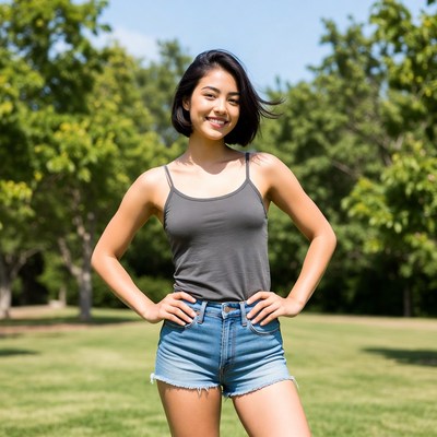Asian woman smiling in park