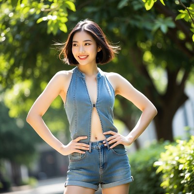 Asian woman in denim outfit outdoors