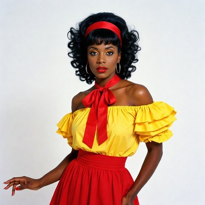 African-American woman in red yellow dress