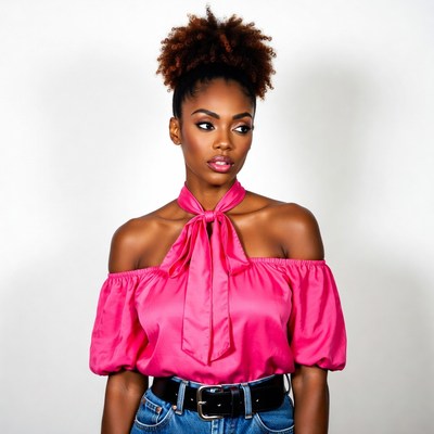 African-American woman in pink off-shoulder top