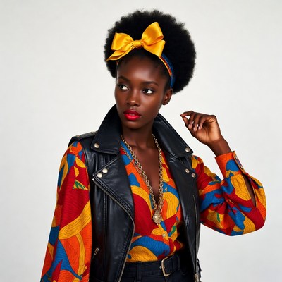 African-American woman in yellow bow and leather vest