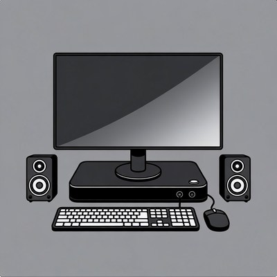 Desktop Computer with Keyboard and Speakers