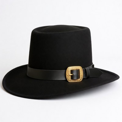 Black felt hat with gold buckle