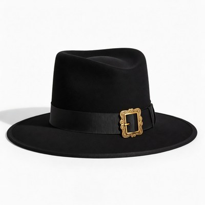 Black Felt Fedora with Gold Buckle