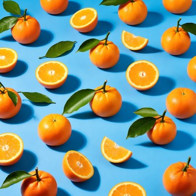 Oranges with Leaves on Blue Background