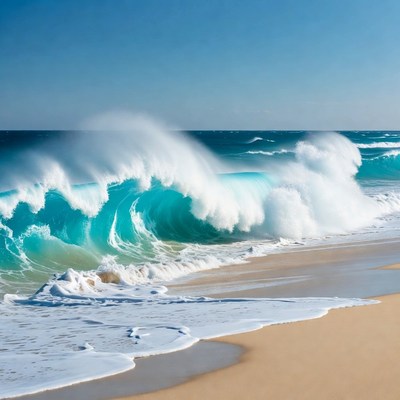 Massive turquoise ocean wave crashing on beach