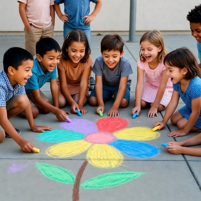 Children drawing colorful flower with chalk