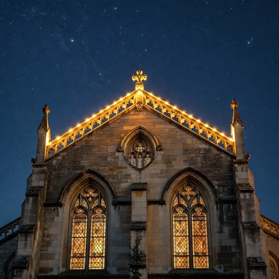 Lit Gothic Church Under Starry Night Sky