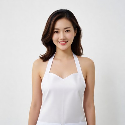 Asian woman wearing white apron