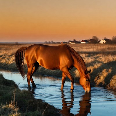 Brown horse drinking from stream