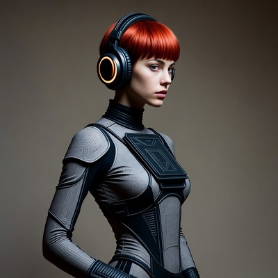 Redhead woman in futuristic armor headphones