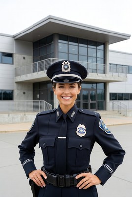 Female police officer in front of building