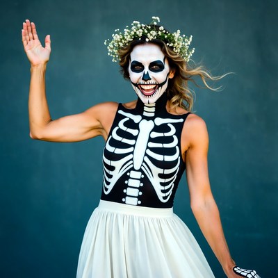 Woman waving in skeleton Halloween costume