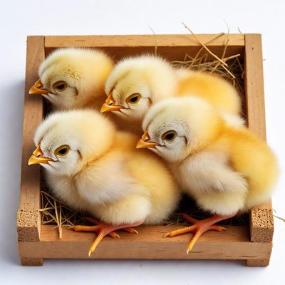 Four fluffy yellow chicks in wooden crate