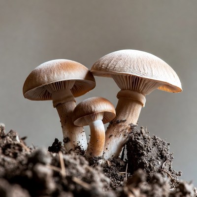 Cluster of white-capped mushrooms on soil
