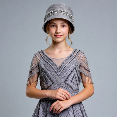 Girl in gray beaded flapper dress and hat