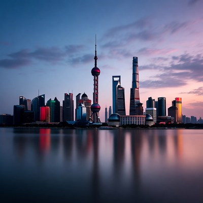 Shanghai skyline at sunset reflection