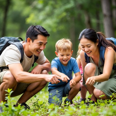Asian family discovering insects in forest