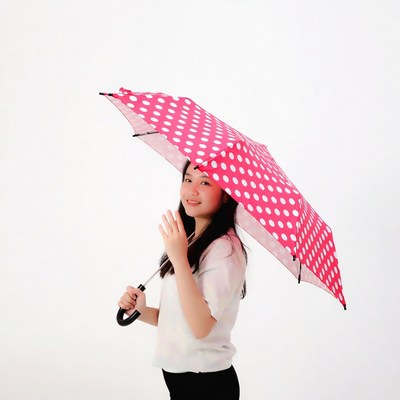 Asian woman holding pink polka dot umbrella