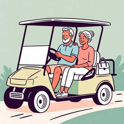 Elderly couple riding golf cart