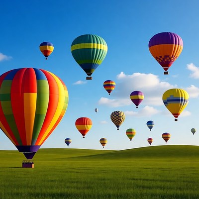 Colorful hot air balloons over green field