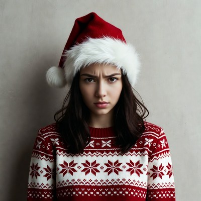 Woman with Santa hat frowning