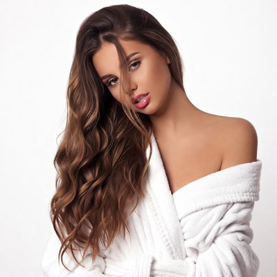 Beautiful woman in white bathrobe