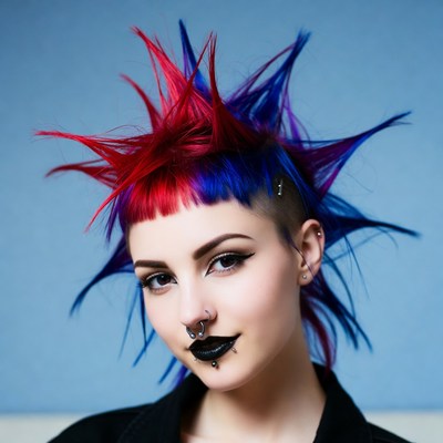 Woman with red blue mohawk hairstyle