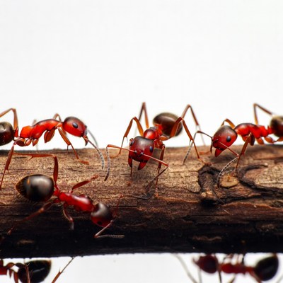 Red ants on wooden branch