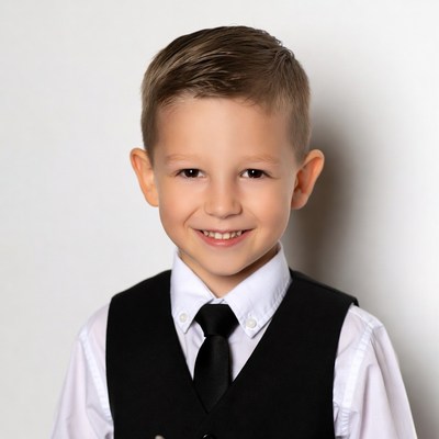 Smiling boy in black vest and tie