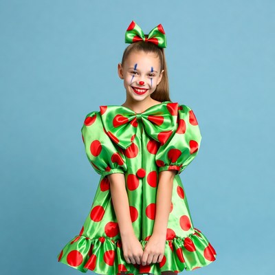 Girl in green polka dot clown costume