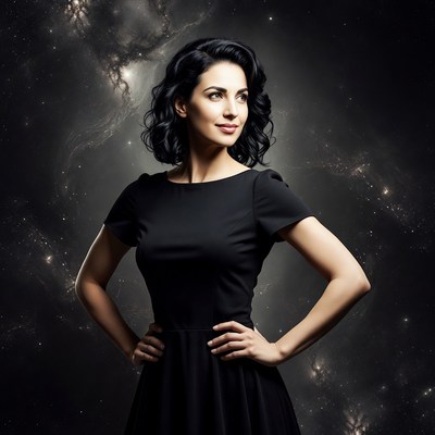 Woman in black dress with galaxy background